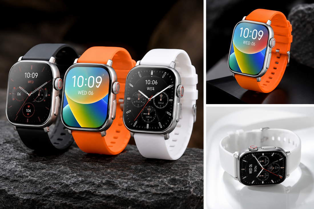 3 montres connectées, orange, noir et blanche