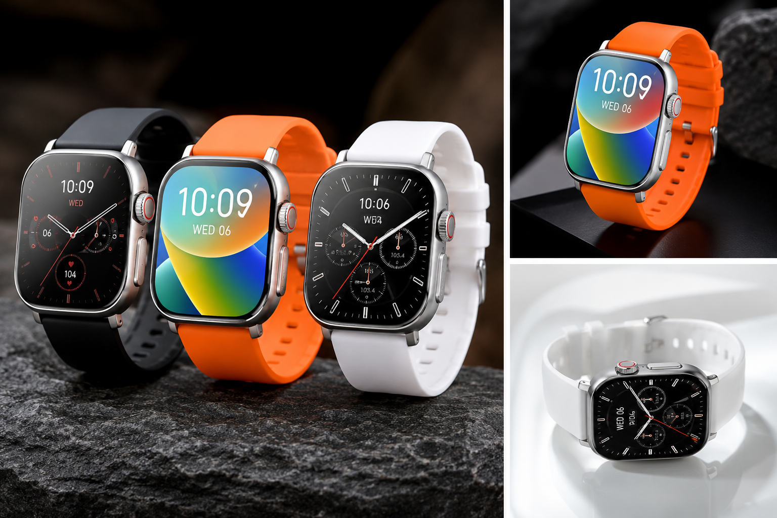 3 montres connectées, orange, noir et blanche