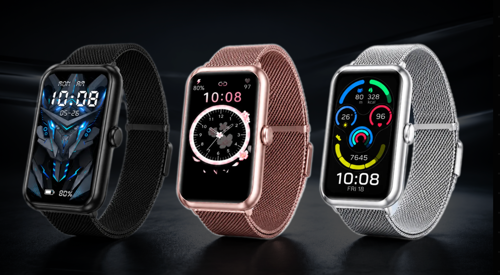 3 montres connectées design, rose grise et noir