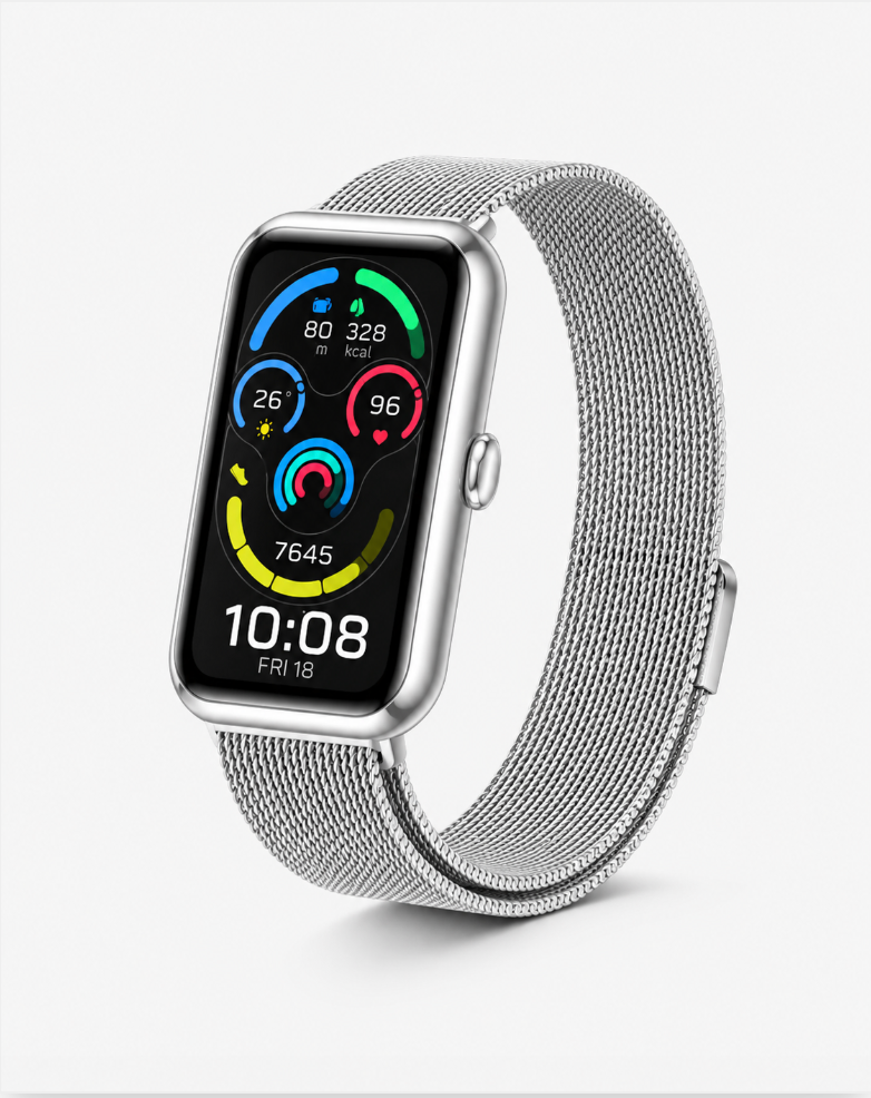 montre connectées grise en maille pour femme en argent