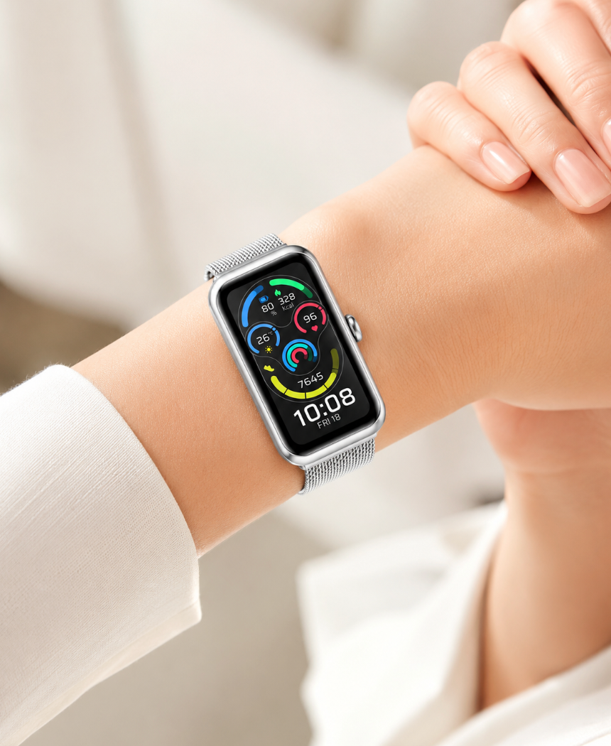 montre connectées grise en maille pour femme