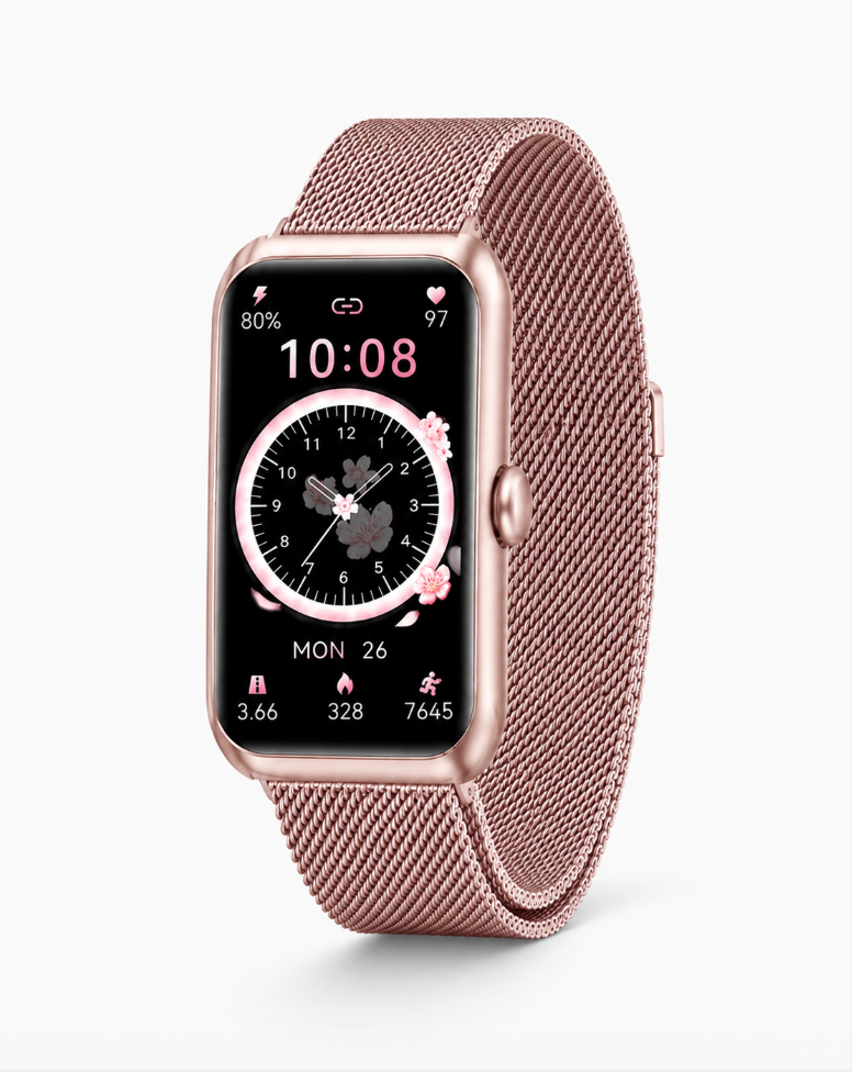 montre connectées rose en maille pour femme