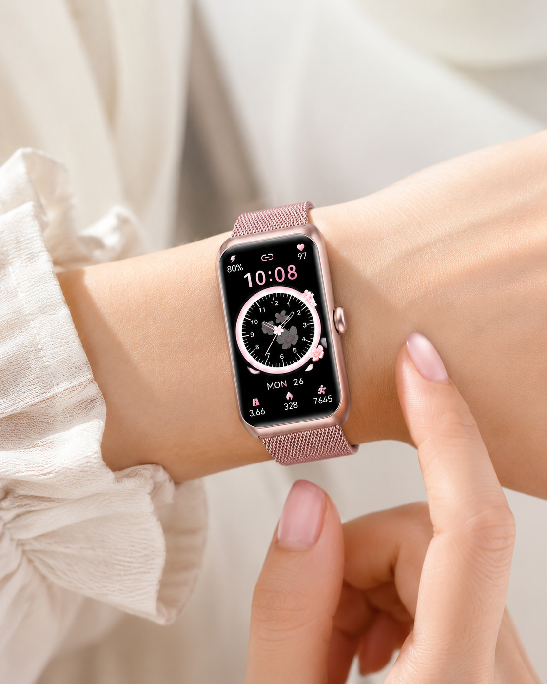 montre connectées rose en maille pour femme